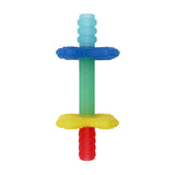 The Teensy Tubes by Itzy Ritzy is a BPA-free dog chew toy with a textured, dumbbell-like shape featuring hollow sections. Its vibrant blue, green, yellow, and red patterns offer engaging teething relief for playful pups.