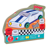 The 40 Piece Puzzle by Floss and Rock is a vibrant jigsaw box shaped like a racing car with blue stripes, red and white tires, a green spoiler, and a checkered flag. It includes warnings and proudly displays Cars Puzzle.