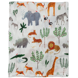 LouLou Lollipops Muslin Swaddle, Safari Jungle: OEKO-TEX 100 certified with elephants, giraffes, zebras & lions on white.