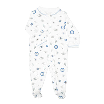 The Noomie Zipper Footie, Evil Eye, is a hypoallergenic Pima Cotton onesie with playful blue and gray designs, long sleeves, and footed legs.