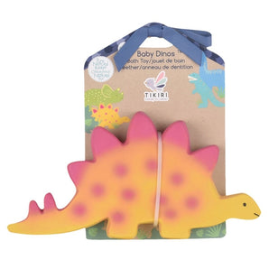 The Tikiri Toys LLC Stegosaurus bath toy is yellow and pink, dinosaur-shaped, made from organic rubber, with a blue bow packaging handle.