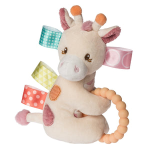 Mary Meyers Tilly Giraffe rattle features a plush design with looped ribbons, satin tags, and a beaded ring for babies.