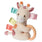 The Mary Meyer Rattle, Tilly Giraffe, is a plush toy with polka dot and geometric pattern ribbons for tactile stimulation and satin tags. It includes an orange silicone teether ring and features a light brown body with darker brown accents on its spots and horns.