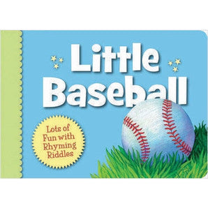 Sleeping Bear Presss Little Baseball Board Book cover shows a baseball on grass with a starburst saying, Lots of Fun with Rhyming Riddles.