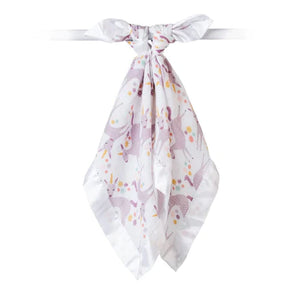 The Lulujo Inc. Security Blanket - Unicorn features a breathable white muslin design with pastel unicorns and flowers.