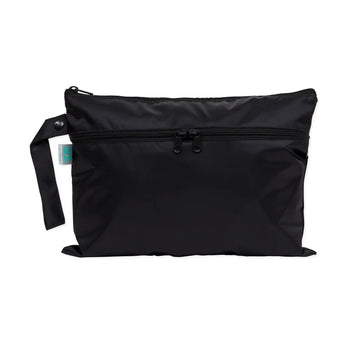 The Bumkins Wet/Dry Clutch in black is waterproof with a wrist strap and tag, perfect as a reusable pouch.