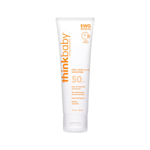 Thinkbaby Kids Sunscreen SPF 50+ in white tube, 23.4% zinc oxide, UVA/UVB protection, reef safe, hypoallergenic, lightly scented.