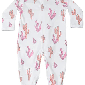 Noomies Footie features a pink cactus print on soft white Pima cotton with a handy two-way zipper.