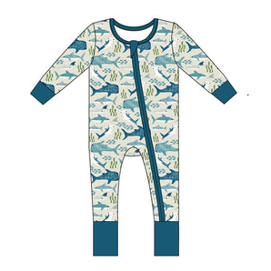 Emerson and Friends Sleeper, Shark Friends: Bamboo onesie with ocean pattern, sharks, seaweed, fold-over sleeves & 2-way diagonal zipper.