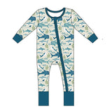 Emerson and Friends Sleeper, Shark Friends, displays an ocean theme with a two-way zipper. It features charming sharks, fish, and seaweed in soothing blue and green on a light background, enhanced by practical fold-over sleeves for added coziness.