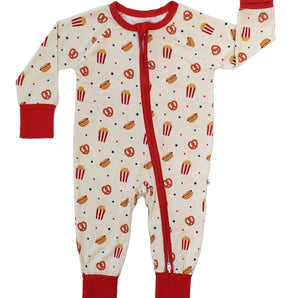 Emerson and Friends Here For the Snacks sleeper: buttery soft fabric, red cuffs, two-way zipper. Decorated with popcorn and hotdogs.