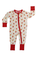 Emerson and Friends Sleeper: Here For the Snacks. A soft onesie with red trim, snack print, two-way zipper, and red cuffs on sleeves/legs.