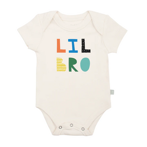 Finn and Emmas Organic Bodysuit features LIL BRO in colorful block letters, crafted from organic cotton with eco-friendly dyes.