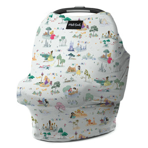 Cover Disney Enchanted Kingdoms by Milk Snob: A multifunctional car seat cover with colorful princesses, fairy tales, and more.