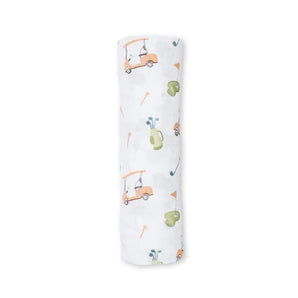 Lulujo Inc.s Cotton Swaddle features golf-themed illustrations of carts, clubs, and flags on a premium muslin blanket.