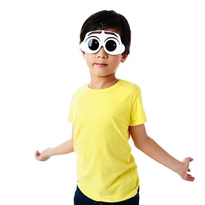 A child in a yellow shirt wears Sunstaches Lil Characters Sunglasses, featuring exaggerated cartoon eyes of Frozens Olaf, against a white background. These stylish shades offer UV protection for sunny days, with arms slightly out to the sides.