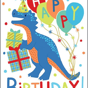 The Birthday Card, Dino by Gina B Designs features a vibrant dinosaur with gifts and balloons, a party hat, and red foil Happy Birthday!.