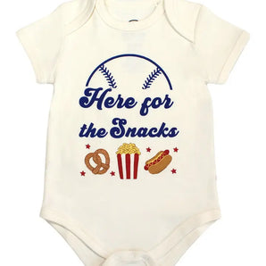 Emerson and Friends Luxury Bodysuit: Here for the Snacks, with baseball theme, pretzel, popcorn & hot dog design in ringspun cotton.