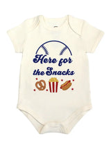 Emerson and Friends Luxury Bodysuit features a baseball graphic with Here for the Snacks and pretzel, popcorn, hot dog designs.