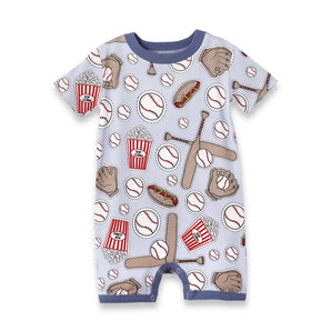 Eco-friendly Romper, Batter Up Blue by Tesa Babe, features a baseball theme on light blue with bats, balls & gloves.