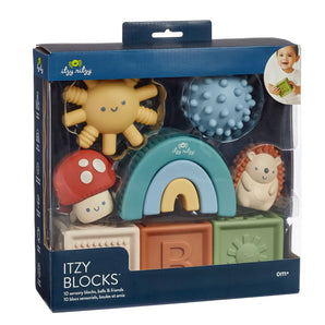 The Itzy Ritzy Itzy Blocks box includes 10 squishy-soft sensory toys featuring a mushroom, rainbow, hedgehog, sun, and geometric shapes. These colorful toys are perfect for creative storytelling and babies aged 0 months and up.