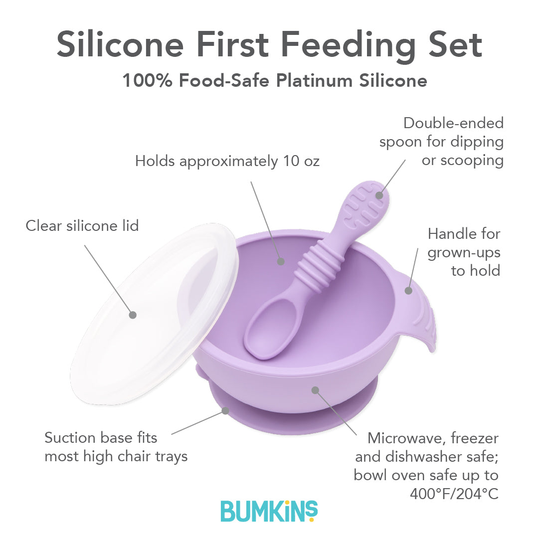 Bumkins Suction Silicone Baby Feeding Set, Bowl, Lid, Spoon