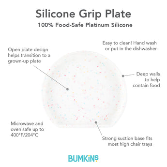 The Bumkins Vanilla Sprinkle Silicone Grip Plate has a speckled design, deep walls, easy-clean silicone, and a strong suction base.