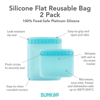 The Bumkins Silicone Flat Reusable Bag 2 Pack in blue is child-friendly, writable, and heat-safe with a zip seal.