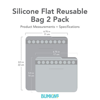 Diagram of blue reusable silicone bags, 8.5x6.75 & 5.5x6.75, child-friendly zip seal, eco-friendly kitchen by Bumkins.