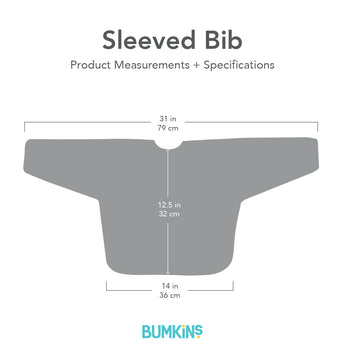 Gray illustration of Bumkins Sleeved Bib: Unicorns featuring waterproof fabric and dimensions—width: 31 (79 cm), height: 12.5 (32 cm), bottom width: 14 (36 cm). Text shows Sleeved Bib Product Measurements + Specifications, adorned with the BUMKINS logo, perfect for baby-led weaning.