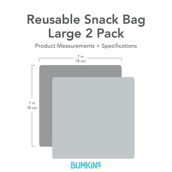 Illustration of Bumkins Reusable Snack Bag, Large 2 Pack: Desert Night, with two overlapping gray squares. Made from waterproof fabric, measuring 7 inches or 18 cm each way. Text reads Reusable Snack Bag Large 2 Pack and Product Measurements + Specifications. Machine washable for easy care.