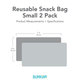 Two overlapping rectangular snack bags feature delightful Pooh Bear and Friends prints, each measuring 7x4 and made with waterproof fabric. The text reads Reusable Snack Bag, Small 2 Pack with the brand name Bumkins at the bottom.