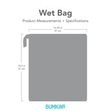 Diagram displaying the Lunar Phase Wet Bag from Bumkins, featuring a grey rectangular design made of waterproof fabric with a top zipper. Dimensions noted are 12.25 (31 cm) wide and 14.5 (37 cm) tall, accompanied by Wet Bag Product Measurements + Specifications above and Bumkins logo below.