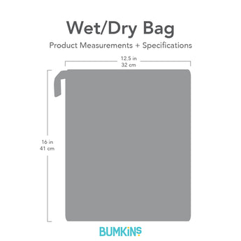 This diagram highlights the versatile Bumkins Wet/Dry Bag: Lunar Phase, featuring waterproof fabric. Measuring 16 inches (41 cm) in height by 12.5 inches (32 cm) in width, its perfect for various uses and adorned with the iconic logo at the bottom for assured quality and style.