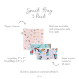 Bumkins 3-Pack includes reusable Princess Magic, Ariel, and Jasmine snack bags with waterproof fabric. Sizes: L 7x7, S 3.5x7.