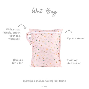 Bumkins Wet Bag: Princess Magic, pink Disney print, waterproof, reusable fabric; zipper closure with snap handle. Size: 12 x 14.