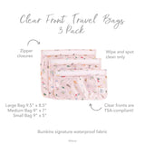 Bumkins Clear Travel Bag 3 Pack: Princess Magic includes three TSA-compliant, floral, waterproof bags in large, medium, and small sizes.