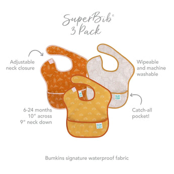 The Bumkins SuperBib® 3 Pack: Desert Boho features a catch-all pocket, adjustable neck, and waterproof fabric.