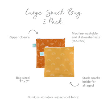 Two Bumkins reusable snack bags in Sunshine and Grounded patterns with zipper closure and waterproof fabric.