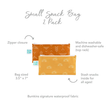 Bumkins Reusable Snack Bag, Small 2-Pack: Sunshine and Grounded in orange and yellow with zippers. Features sun patterns and waterproof fabric.