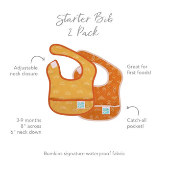 Two Starter Bibs by Bumkins, Sunshine and Grounded, with adjustable necks, catch-all pockets, waterproof fabric. Ideal for 3-9 months.