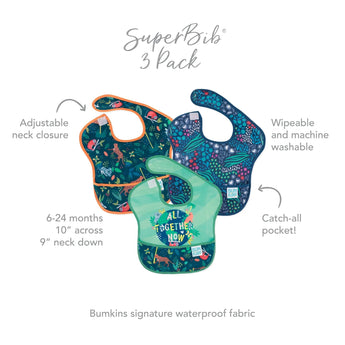 Bumkins SuperBib® 3 Pack: All Together Now - colorful, waterproof bibs with patterns, adjustable closure, & catch-all pocket.