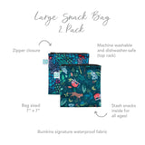 Bumkins 2-pack reusable snack bags in jungle prints have a zipper, are waterproof & machine-washable; each is 7x7.