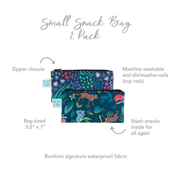 Bumkins offers a small 2-pack reusable snack bag set with jungle and animal prints, featuring zipper closures and machine washable fabric.