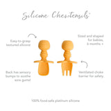 Silicone Chewtensils®: Tangerine by Bumkins includes a spoon and fork for baby-led weaning. Designed with easy-to-grasp textured handles, sensory bumps, and a choke barrier, theyre made from 100% food-safe platinum silicone and are suitable for infants aged 6 months and older.