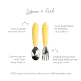 Bumkins Spoon + Fork: Pineapple has yellow silicone handles, easy-grasp texture, and rounded tines for self-feeding toddlers.