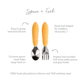 Bumkins Spoon + Fork: Tangerine set features silicone handles, perfect for safe self-feeding by toddlers with little hands.