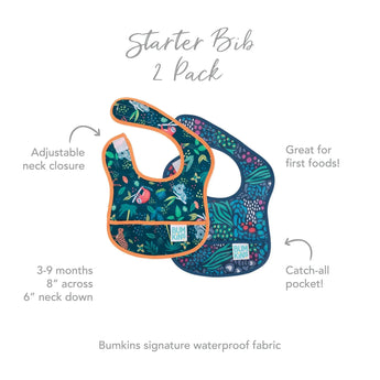 The Starter Bib 2 Pack by Bumkins, in Jungle & Animal Prints, fits ages 3-9 months with waterproof fabric and adjustable pockets.