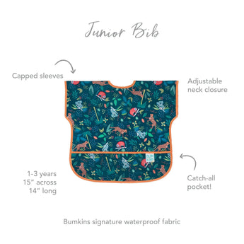 Bumkins Junior Bib: Jungle in blue, waterproof, animal print, capped sleeves, adjustable neck, pocket. Ideal for ages 1-3.