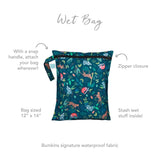 Bumkins Wet Bag: Jungle features a colorful animal pattern, waterproof fabric, zipper closure, and snap handle—ideal for organizing diapers.